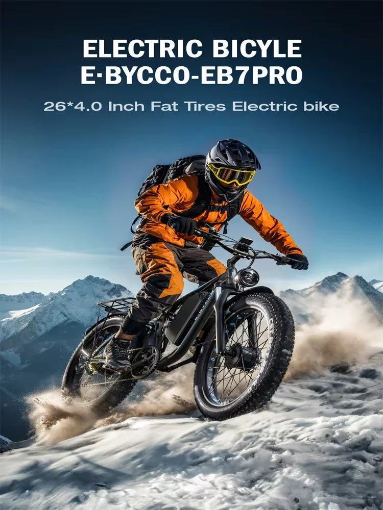 Person riding an electric bicycle  the E‑BYCCO EB7 Pro on a snowy mountain with promotional text for E-BYCCO-EB7PRO.