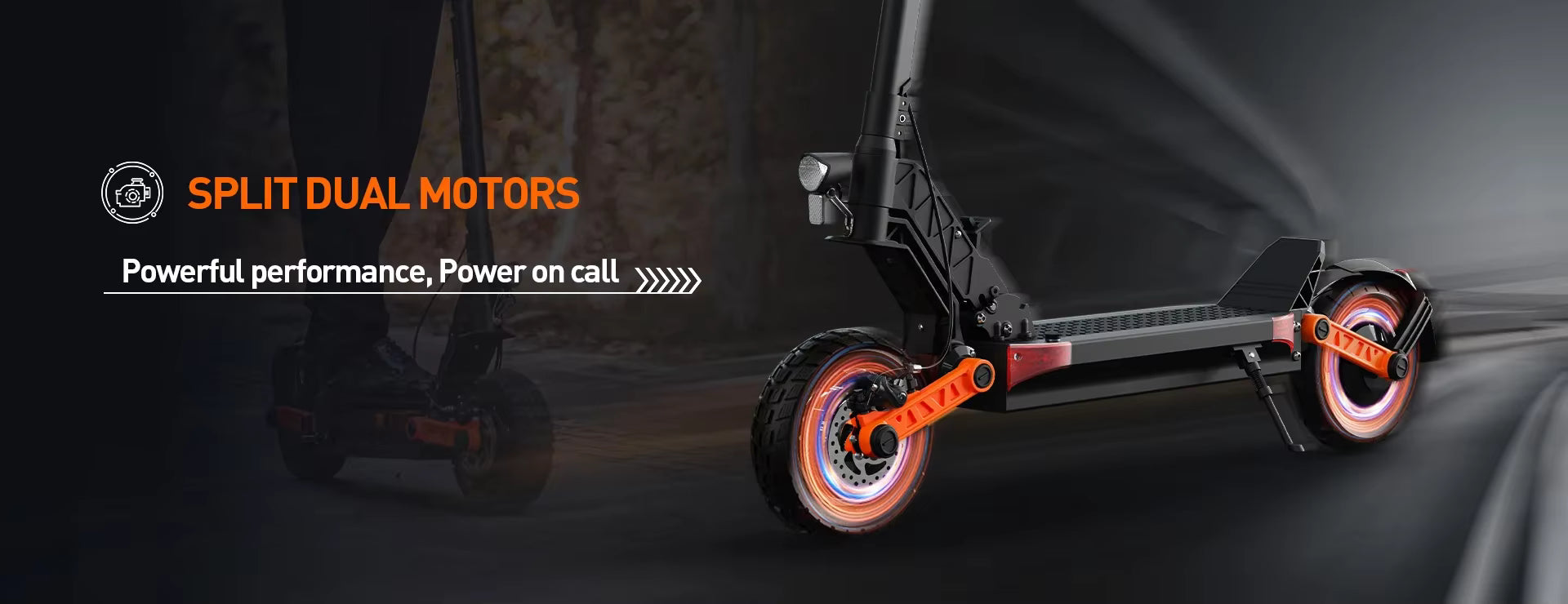 Electric scooter with split dual motors on a dark background