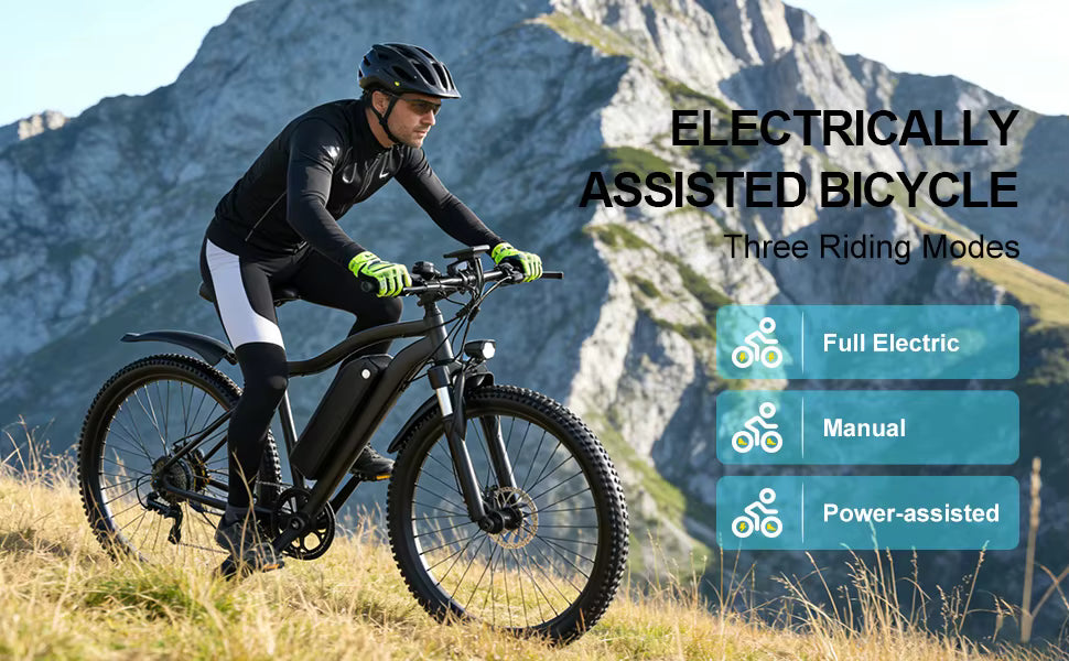 Person riding an electric bicycle with mountainous landscape in the background