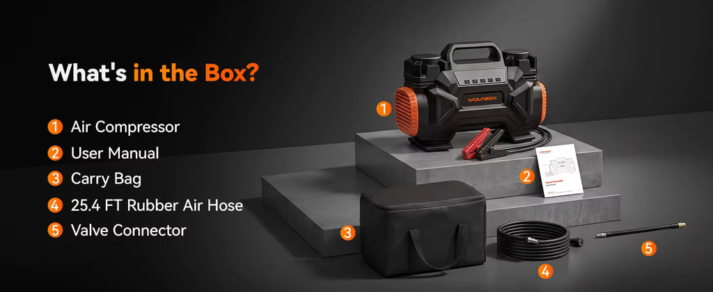 Flat lay graphic of all items included: compressor, hose, clamps, connectors, carry bag