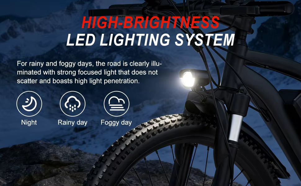 Bicycle with high-brightness LED lighting system on a mountainous background