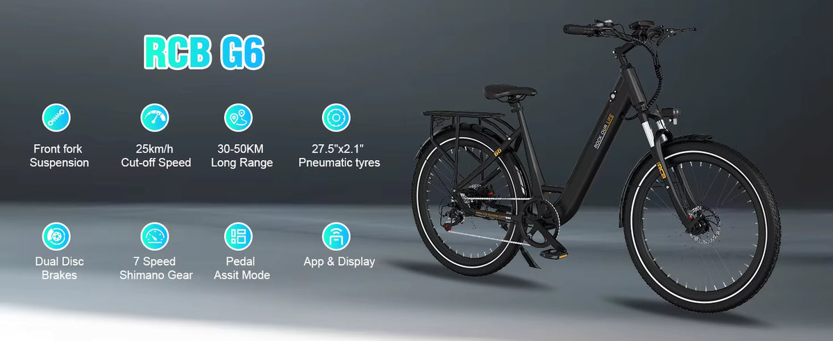 Infographic detailing core specifications of the RCB G6 250W electric bike