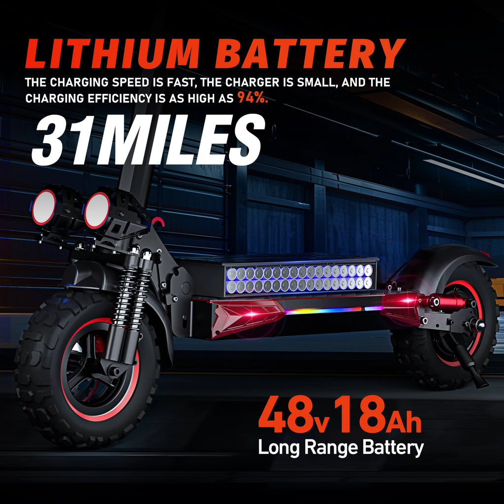 Electric scooter with lithium battery information on a dark background