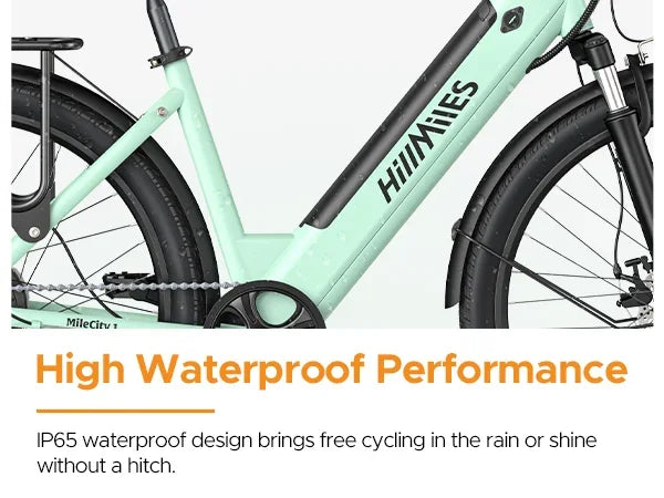 Mint green electric bike with 'Hillmilanes' branding on a light gray background.