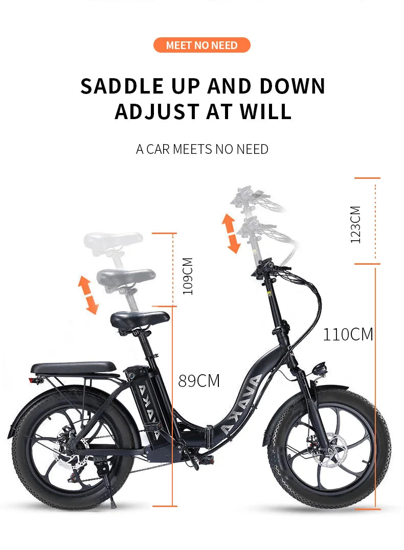 AVAKA BZ20 PLUS Foldable E‑bike Electric bike with adjustable seat and dimensions displayed on a white background