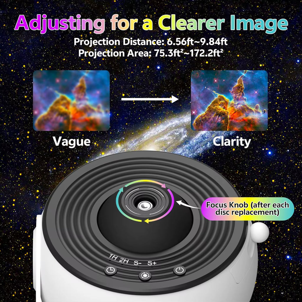 A projector disc player shown against a starry space background with text explaining image clarity and projection distance. The product is white and black with a colorful focus knob, and two sample image comparisons labeled Vague and Clarity are shown above.