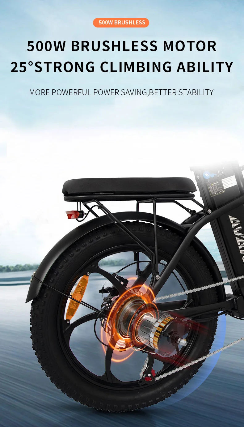 Electric AVAKA BZ20 PLUS Foldable E‑bike bike with a focus on the wheel and brushless motor, set against a blurred outdoor background.