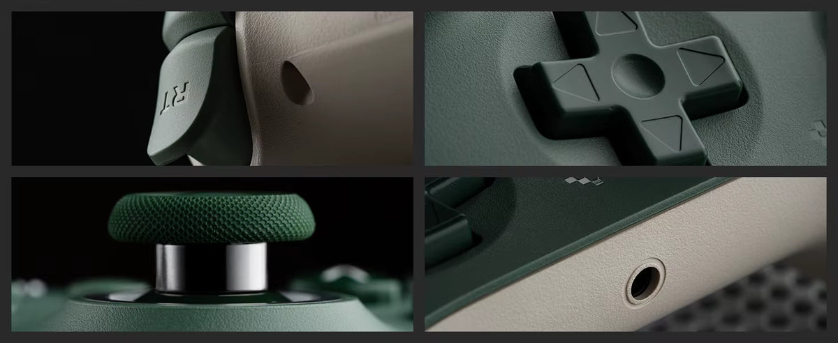 Close-up details of a green gaming controller with buttons and joystick.