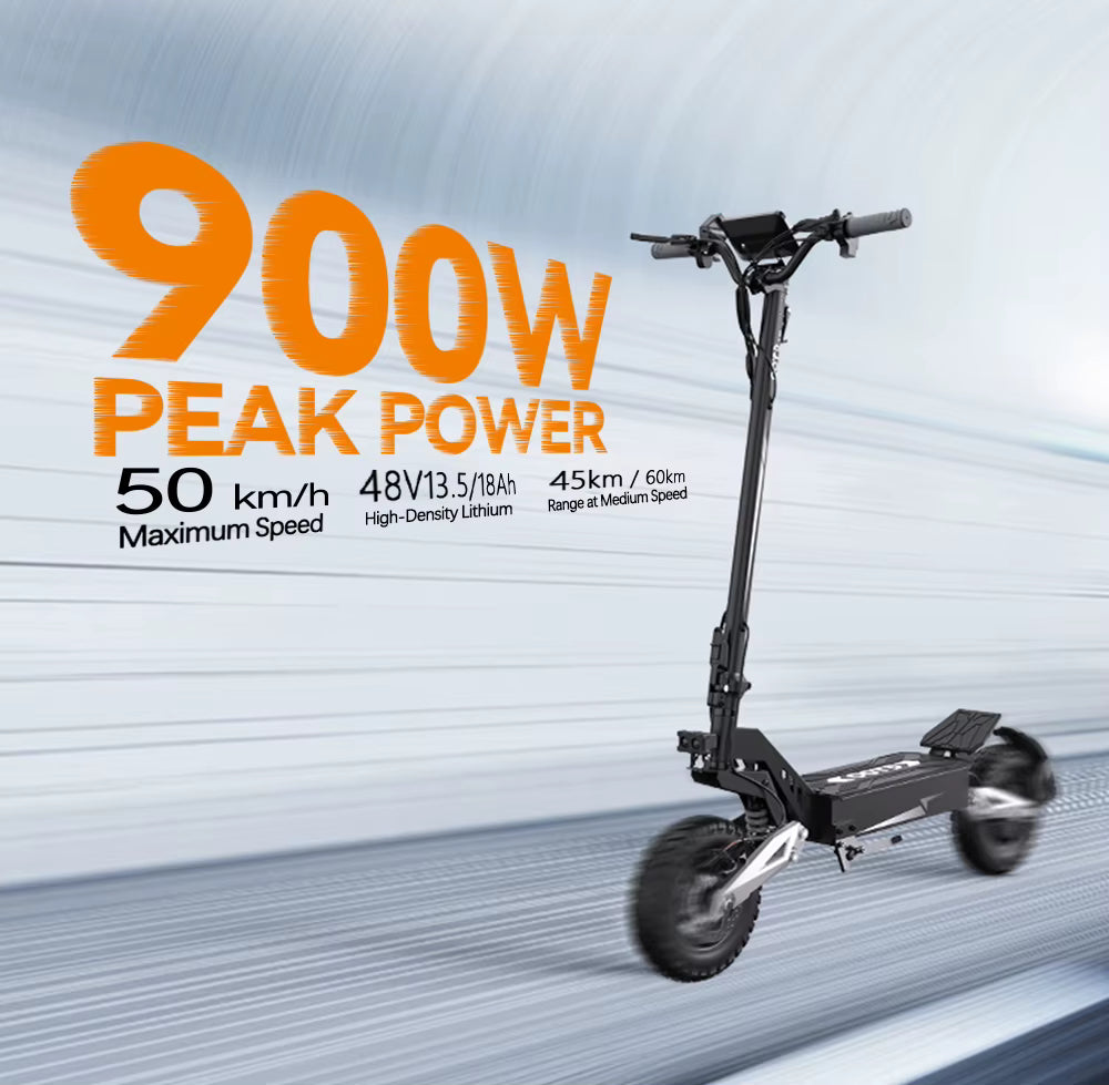 Electric scooter with peak power specifications on a gray background