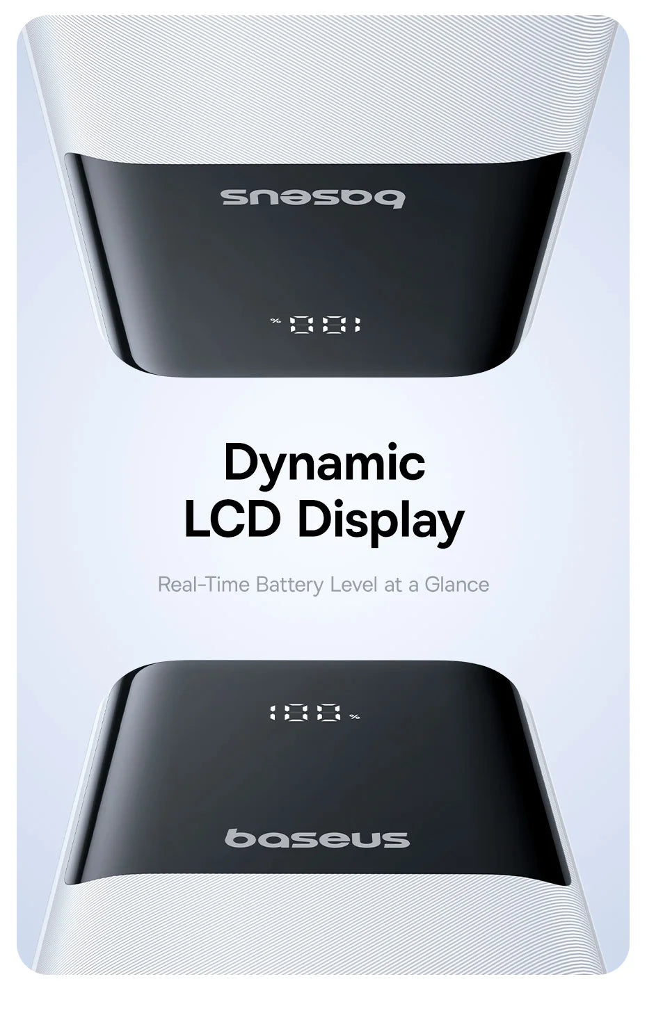 Baseus power bank with dynamic LCD display on a white background