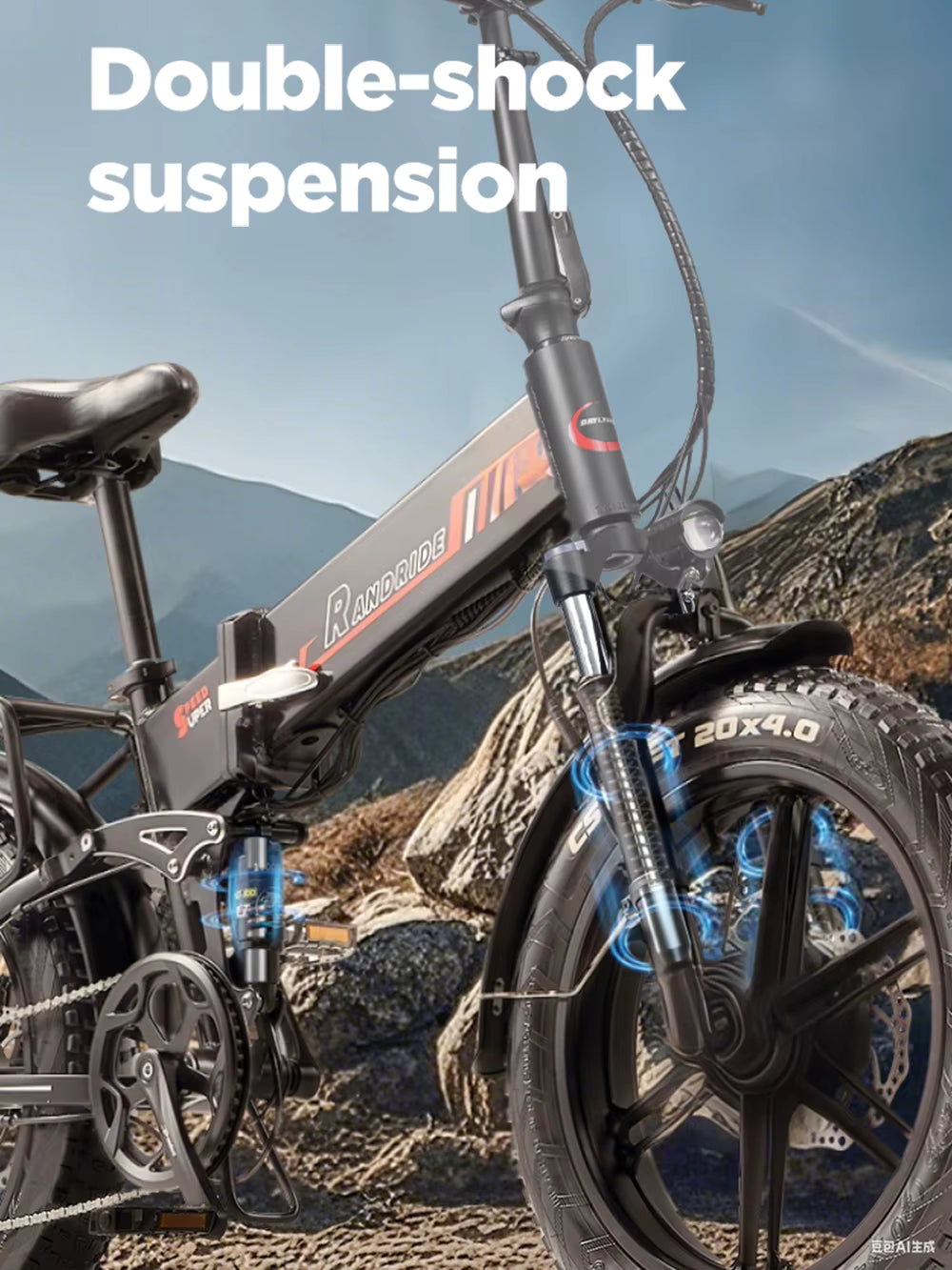 Folding electric bike with double-shock suspension on a mountainous background
