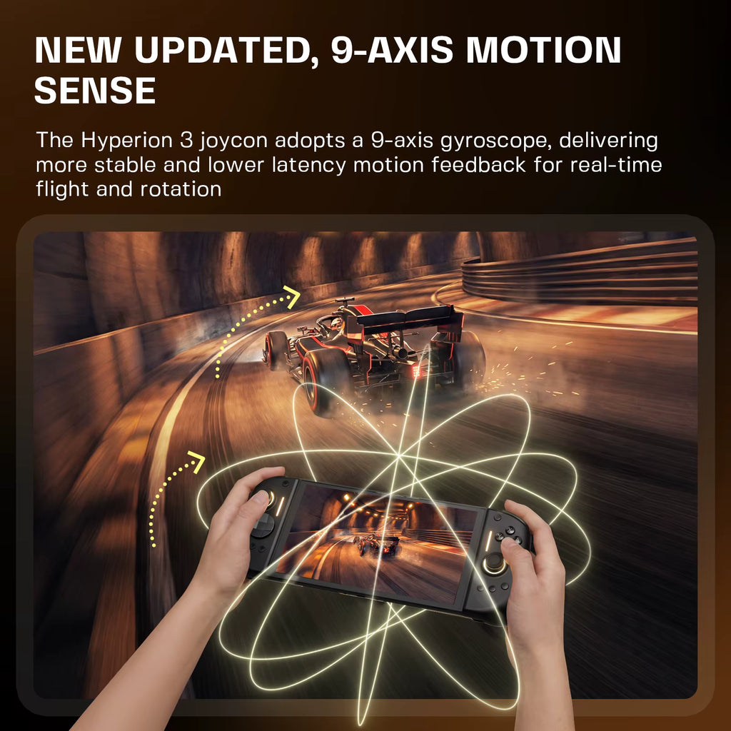Hands holding a handheld gaming console displaying a high‑speed racing game, surrounded by glowing orbital lines symbolizing the updated 9‑axis motion sense gyroscope for real‑time flight and rotation stability.