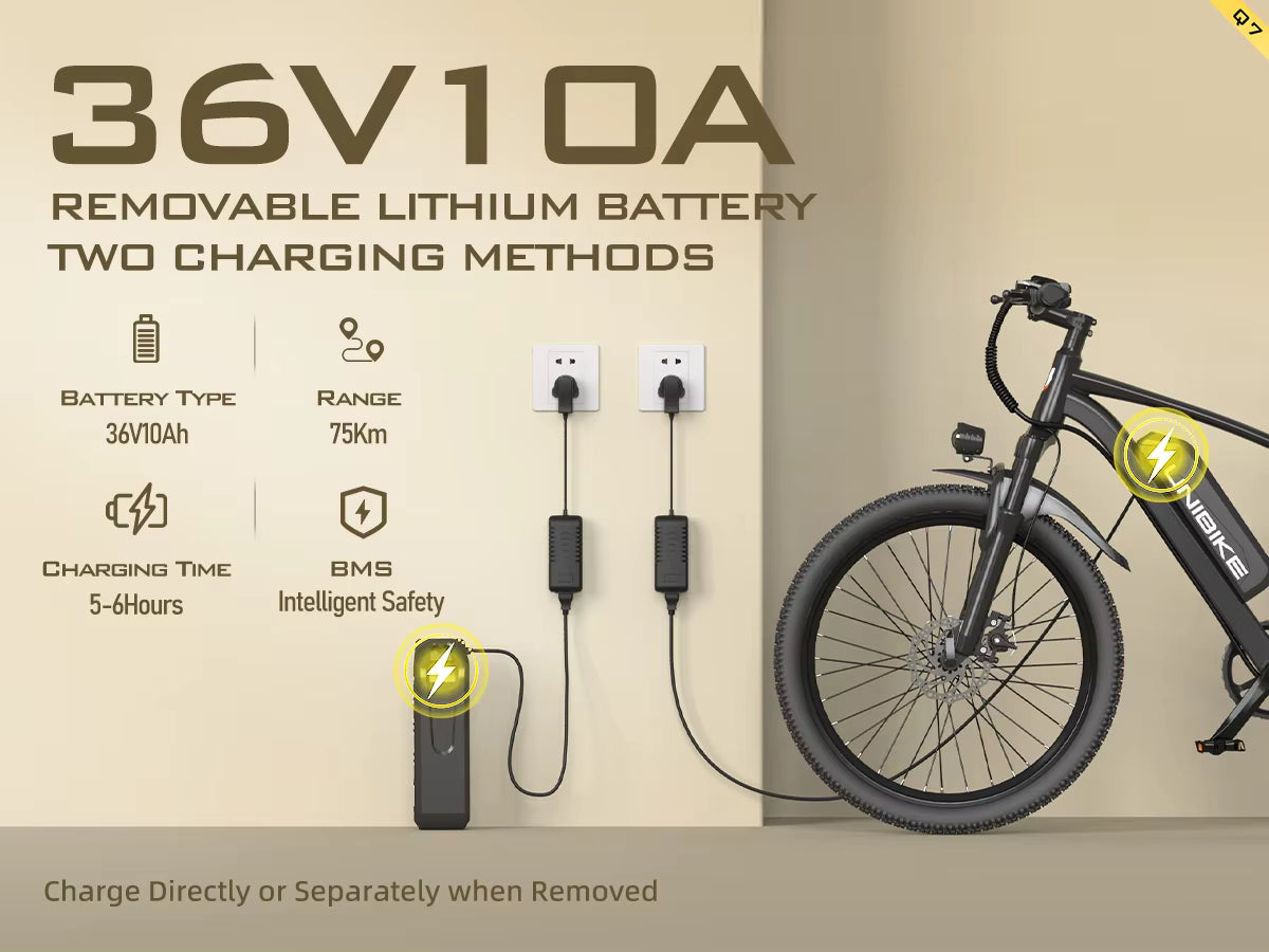 Electric Aairsk Q7 bike with 36V10Ah removable lithium battery and charging information on a beige background