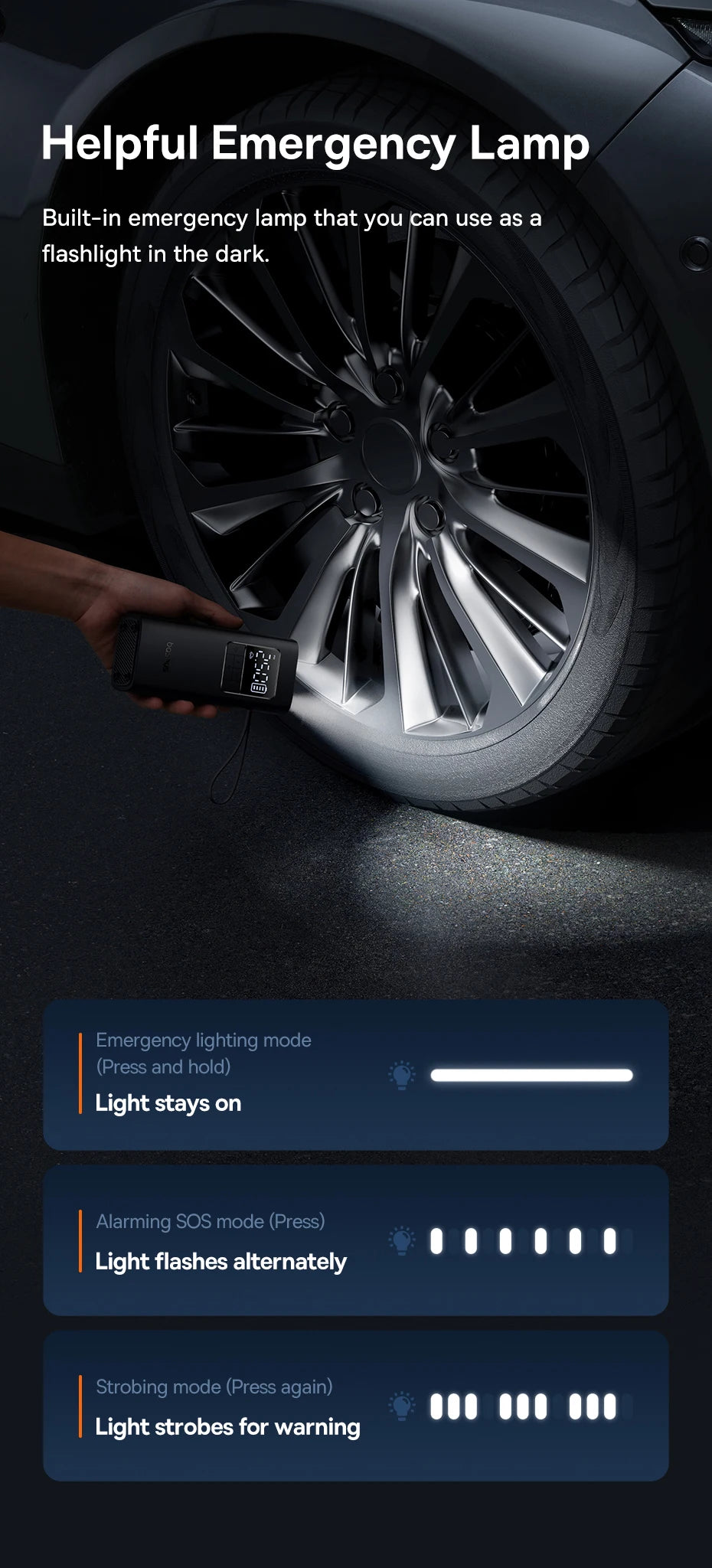 Car tire with a flashlight and emergency lamp features displayed on a dark background