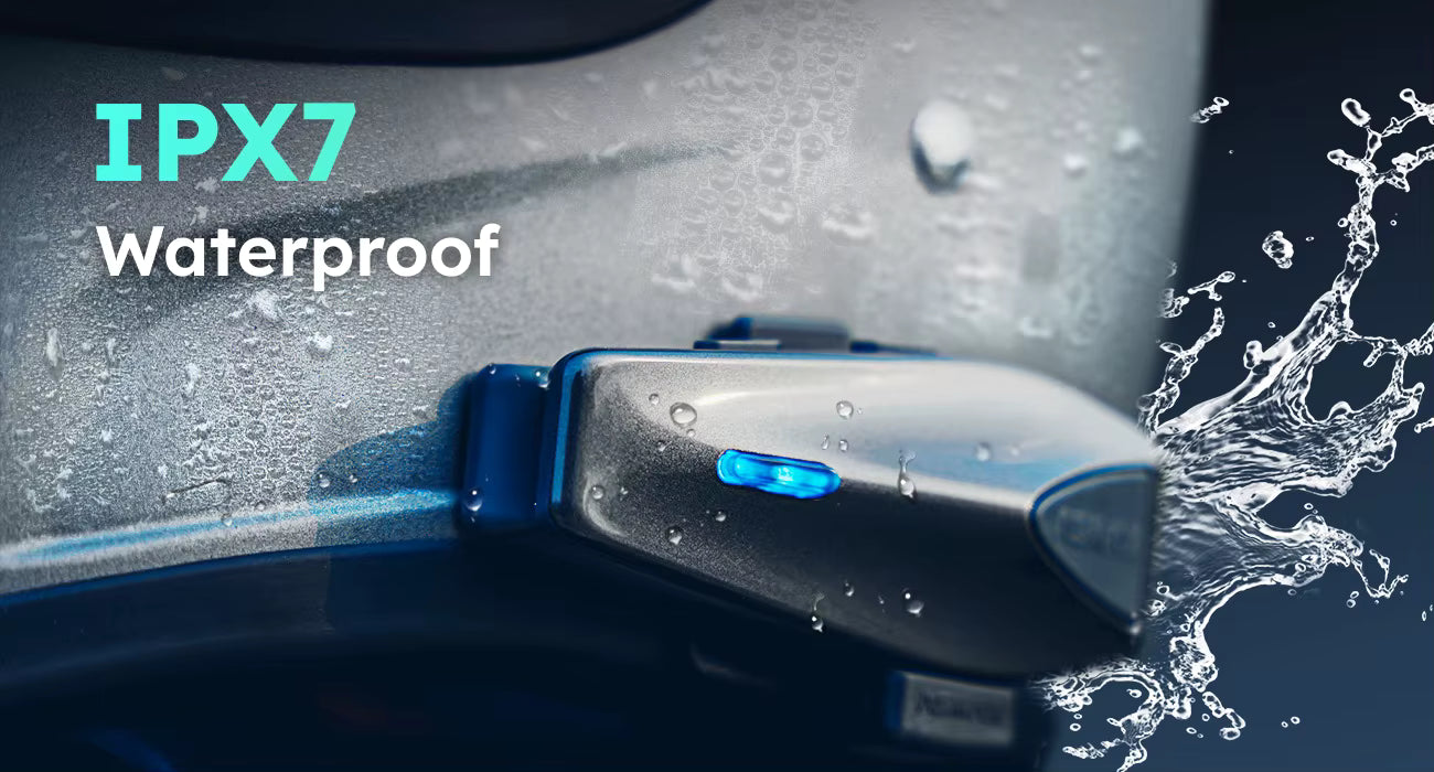 Waterproof device with IPX7 rating and water droplets on a dark background