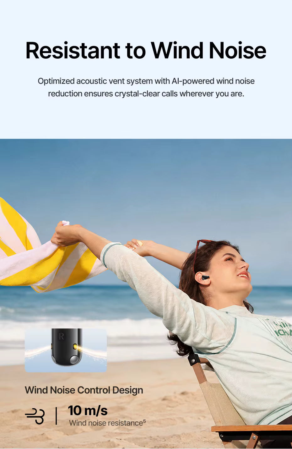 Woman relaxing on a beach with text about wind noise resistance and AI-powered technology for the Baseus EP10 earbuds