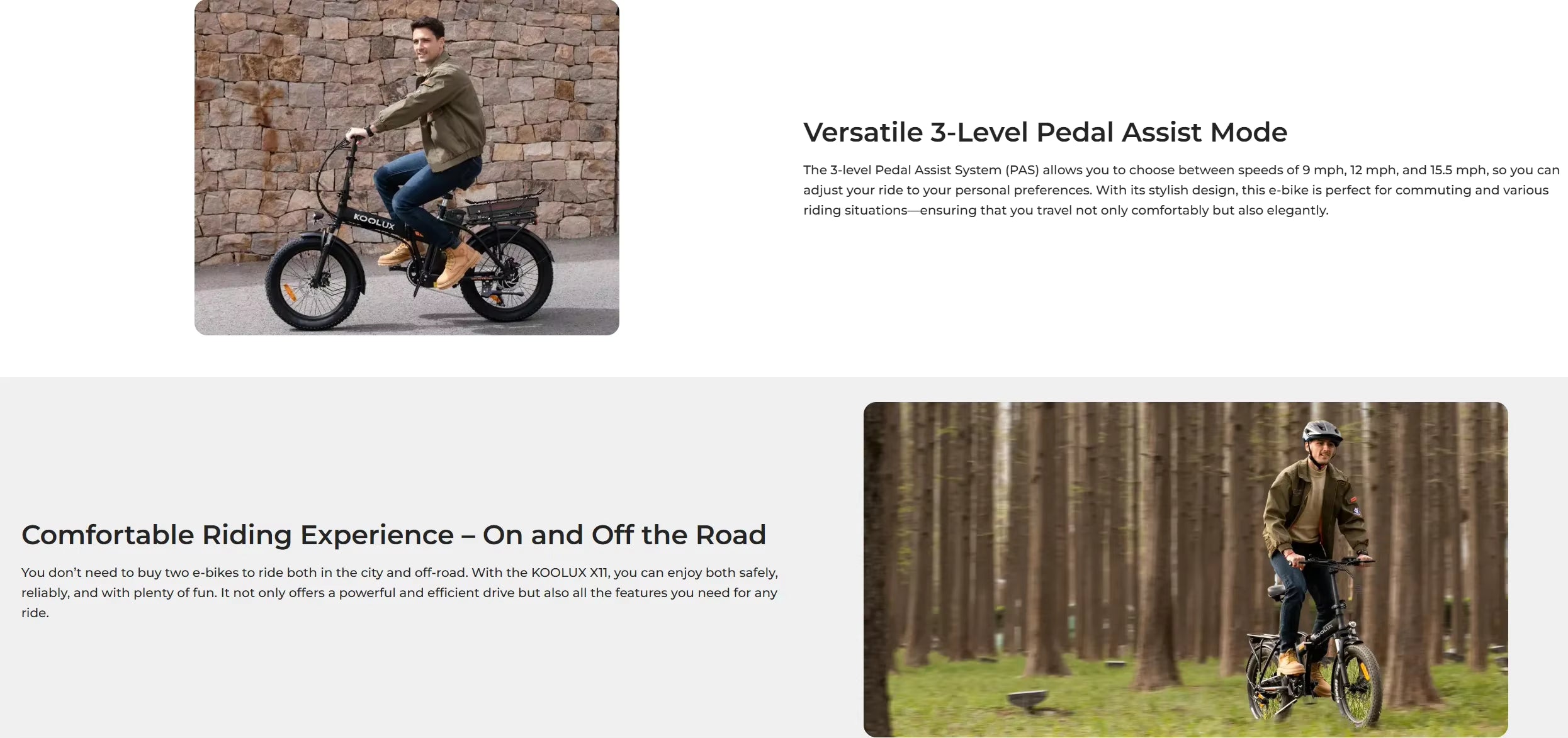 Person riding a KOOLUX X11S electric bike with text about pedal assist mode and comfort on roads.