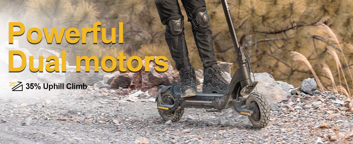 Person using a rugged electric scooter on rocky terrain with text highlighting dual motors and climbing ability.