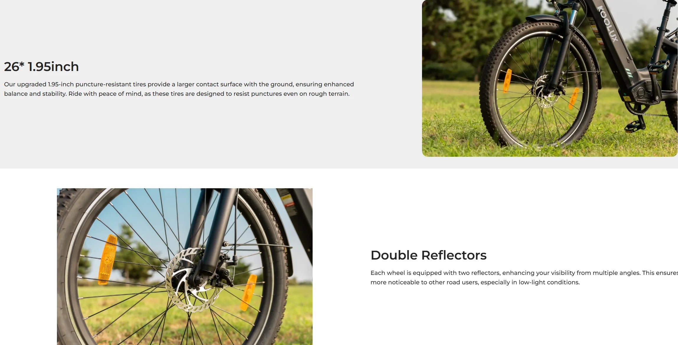 Electric Bicycle with 26-inch wheels and double reflectors on a grassy field.