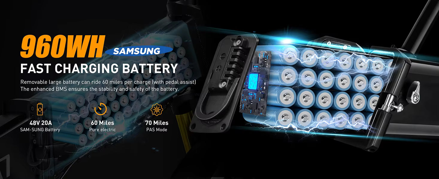 Samsung 960Wh Vitilan i7 Pro 3.0 e-bike fast charging battery with detailed components on a dark background