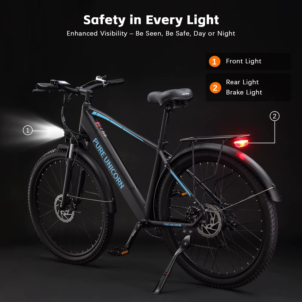 Black PURE UNICORN U3 electric bicycle with lights labeled 'Front Light' and 'Rear Light' on a dark background.