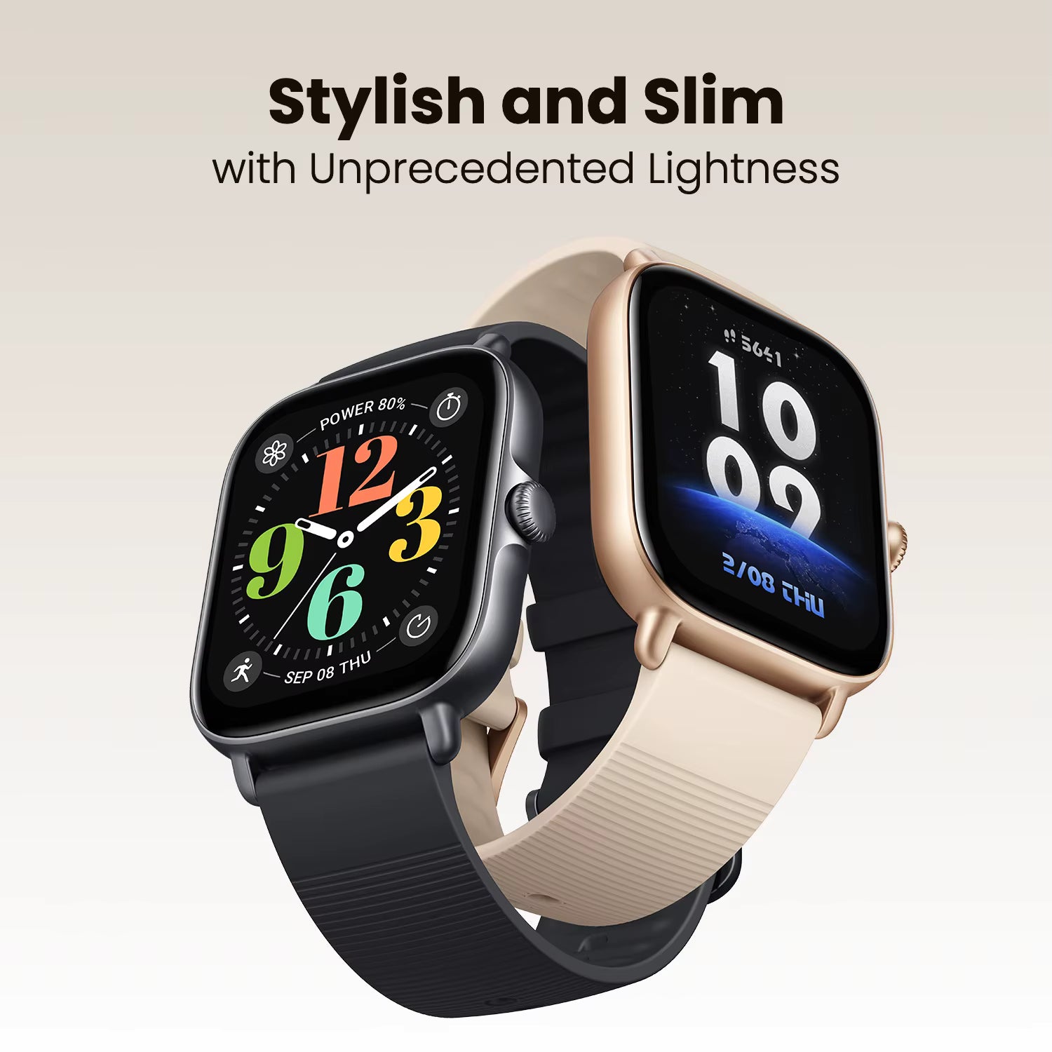 Two smartwatches, one black and one gold, on a light background with text 'Stylish and Slim with Unprecedented Lightness'.