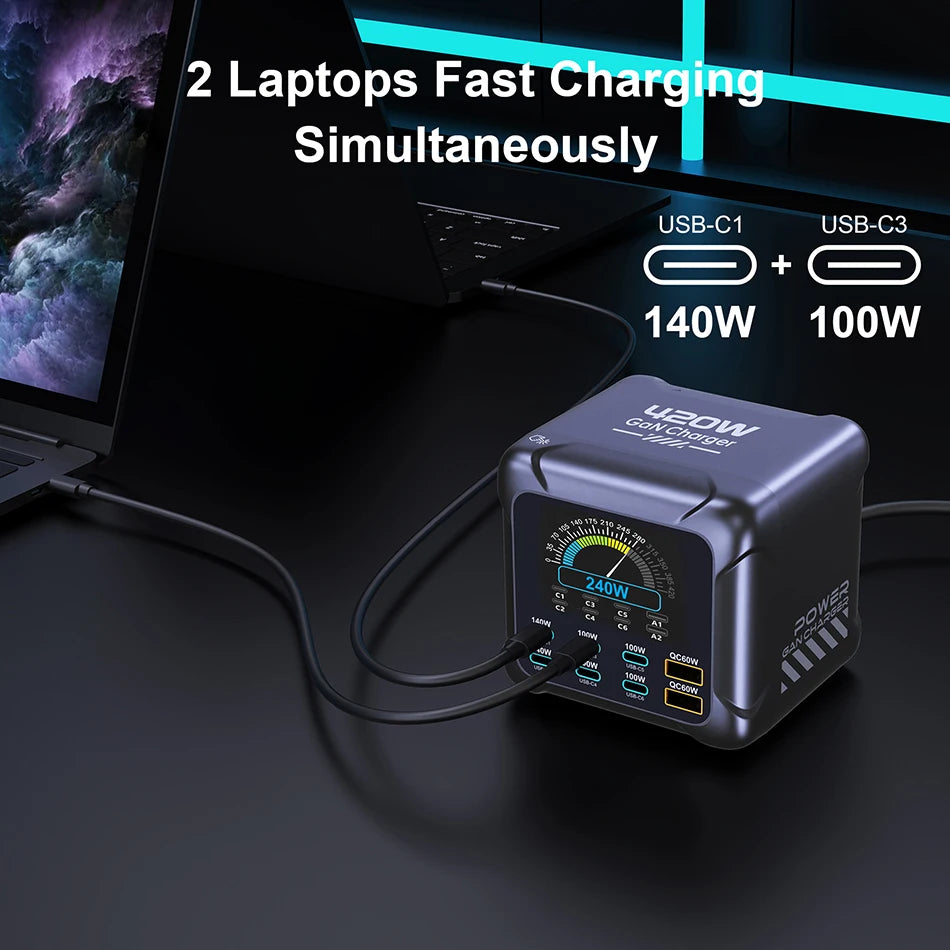 Power adapter with multiple ports charging two laptops, featuring USB-C1 and USB-C3 with power ratings displayed.