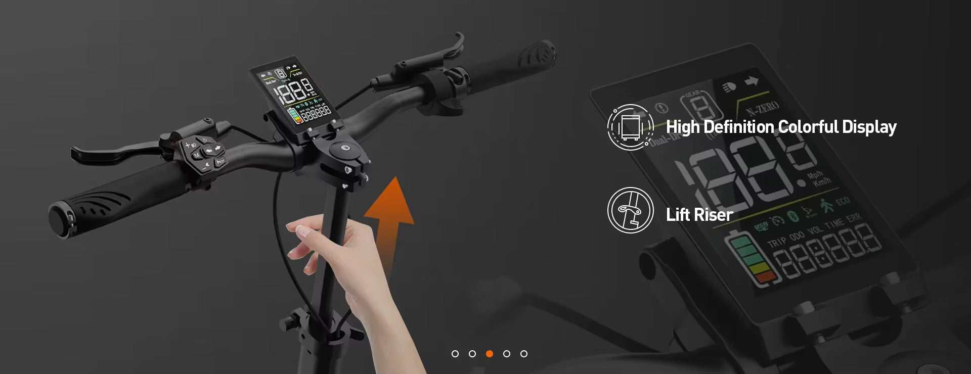 Electric scooter handlebar with and LCD digital display and hand interacting with it on a dark background