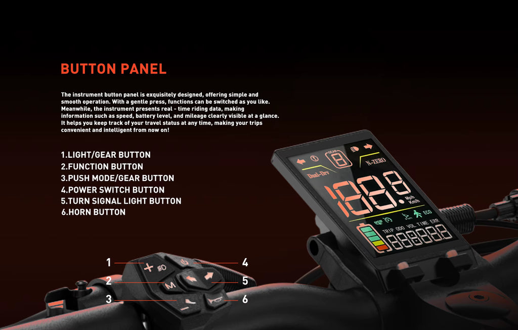 E-scooter LCD instrument panel with button panel details on a dark background