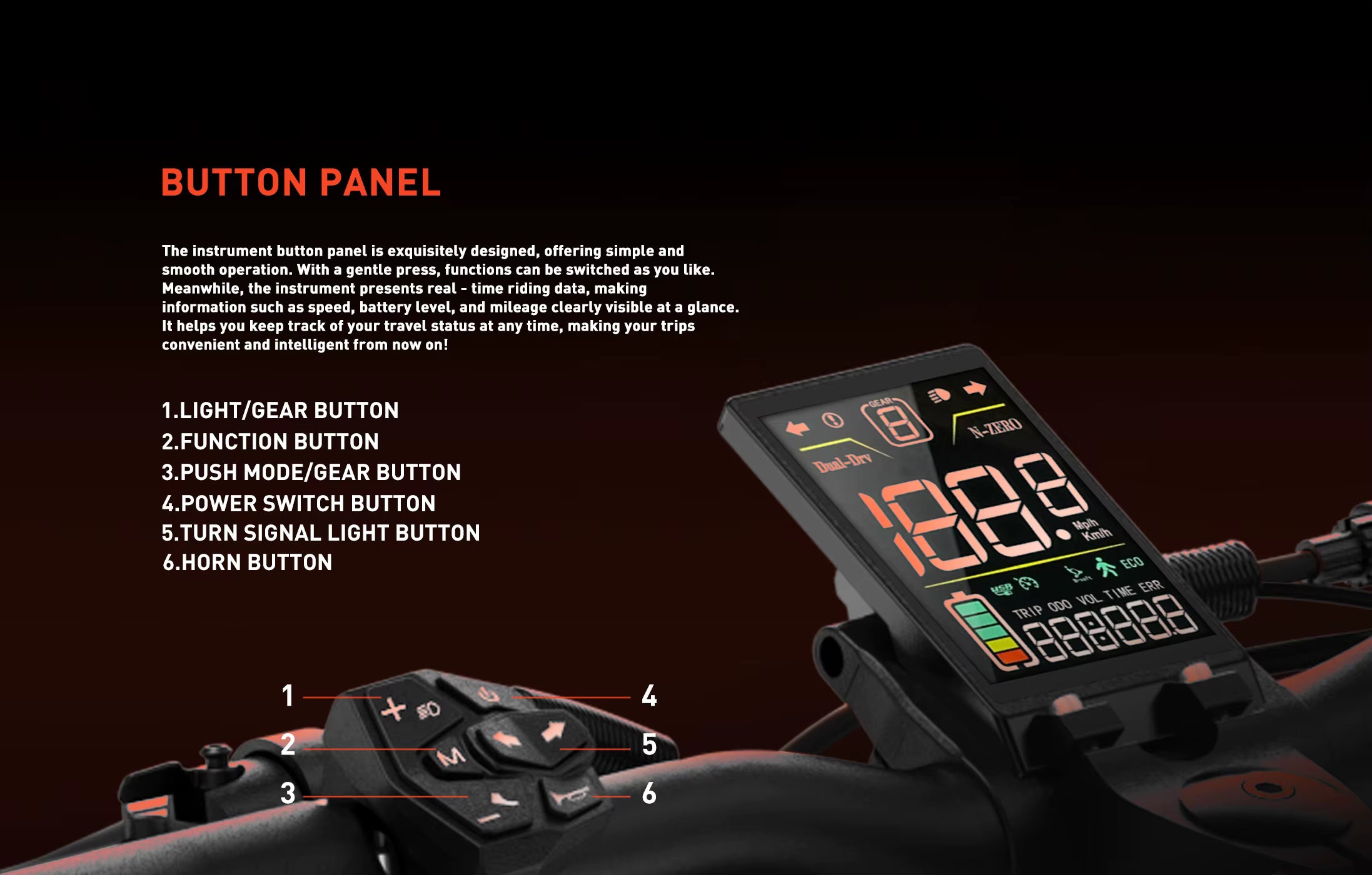 E-scooter LCD instrument panel with button panel details on a dark background