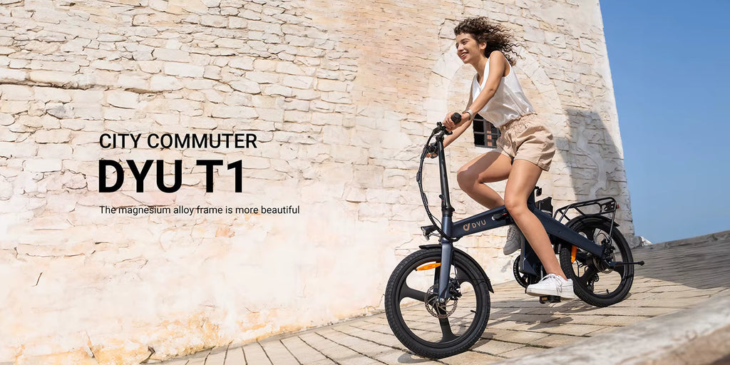 Woman riding a black electric bike against a stone wall with 'CITY COMMUTER DYUT1' text.