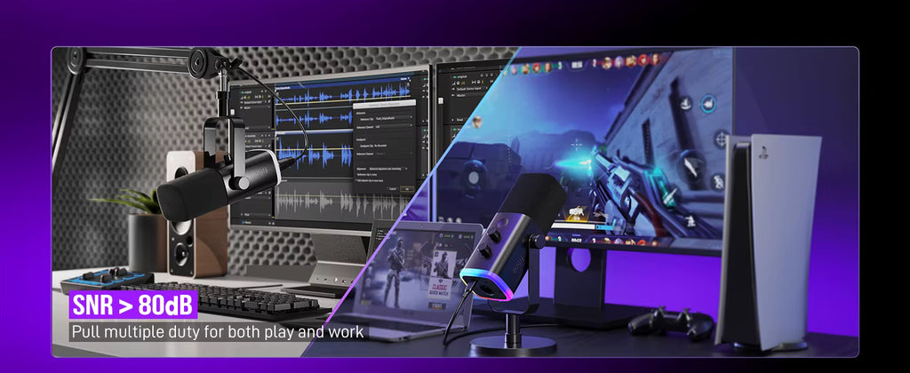 Gamer streaming live on PlayStation 5 with the FIFINE AM8 microphone active