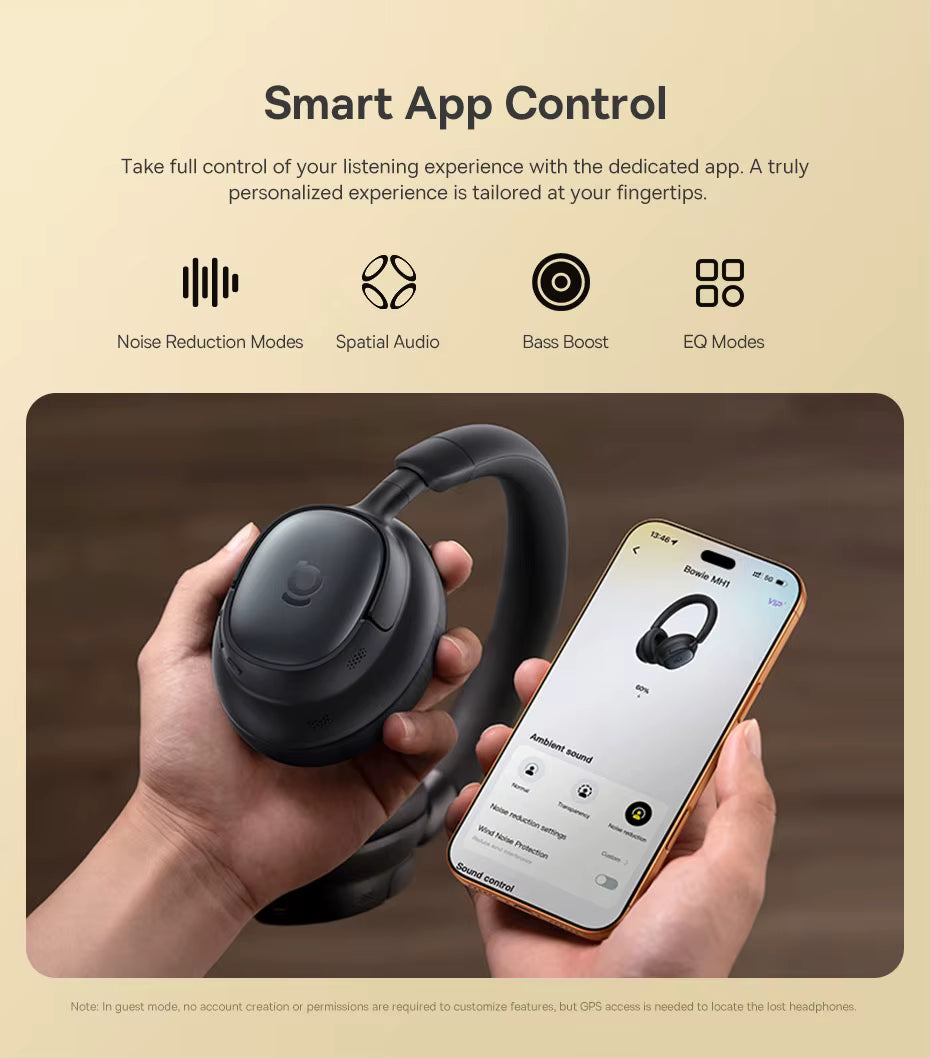 Close‑up of hands holding Baseus Bowie MH1 headphones and a smartphone displaying the Baseus app interface with controls for noise reduction, spatial audio, bass boost, and EQ modes, under the heading “Smart App Control,” highlighting personalized listening customization through the dedicated mobile app.