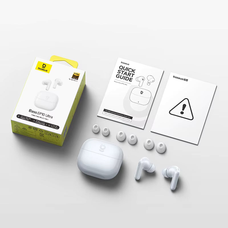 White Baseus EP10 wireless earbuds with packaging, quick start guide, and earbud tips on a light gray background