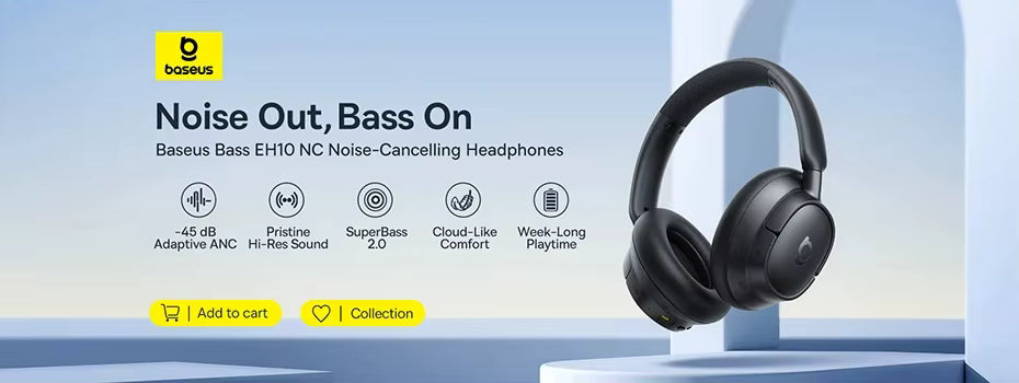 Baseus noise-cancelling headphones with features listed on a blue background
