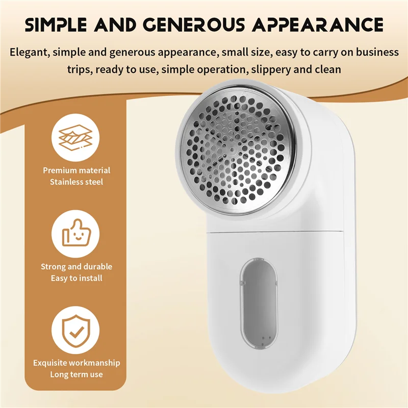 White rechargeable fabric shaver with stainless steel honeycomb mesh and transparent lint collector shown beside icons describing premium material strong durable design and long term use.