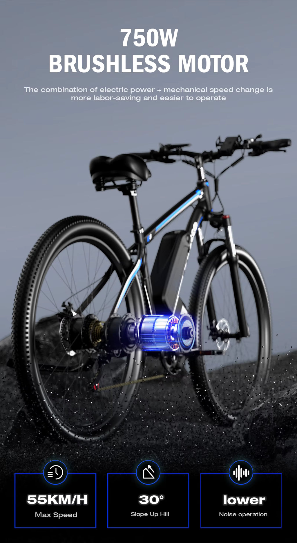 Rear view of an Electric bicycle with 750W brushless motor on a dark background