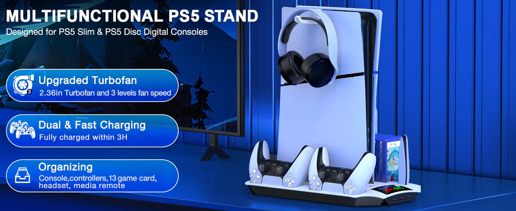 Multifunctional PS5 vertical cooling stand overview showing dual charging bays, headset mount, and console base