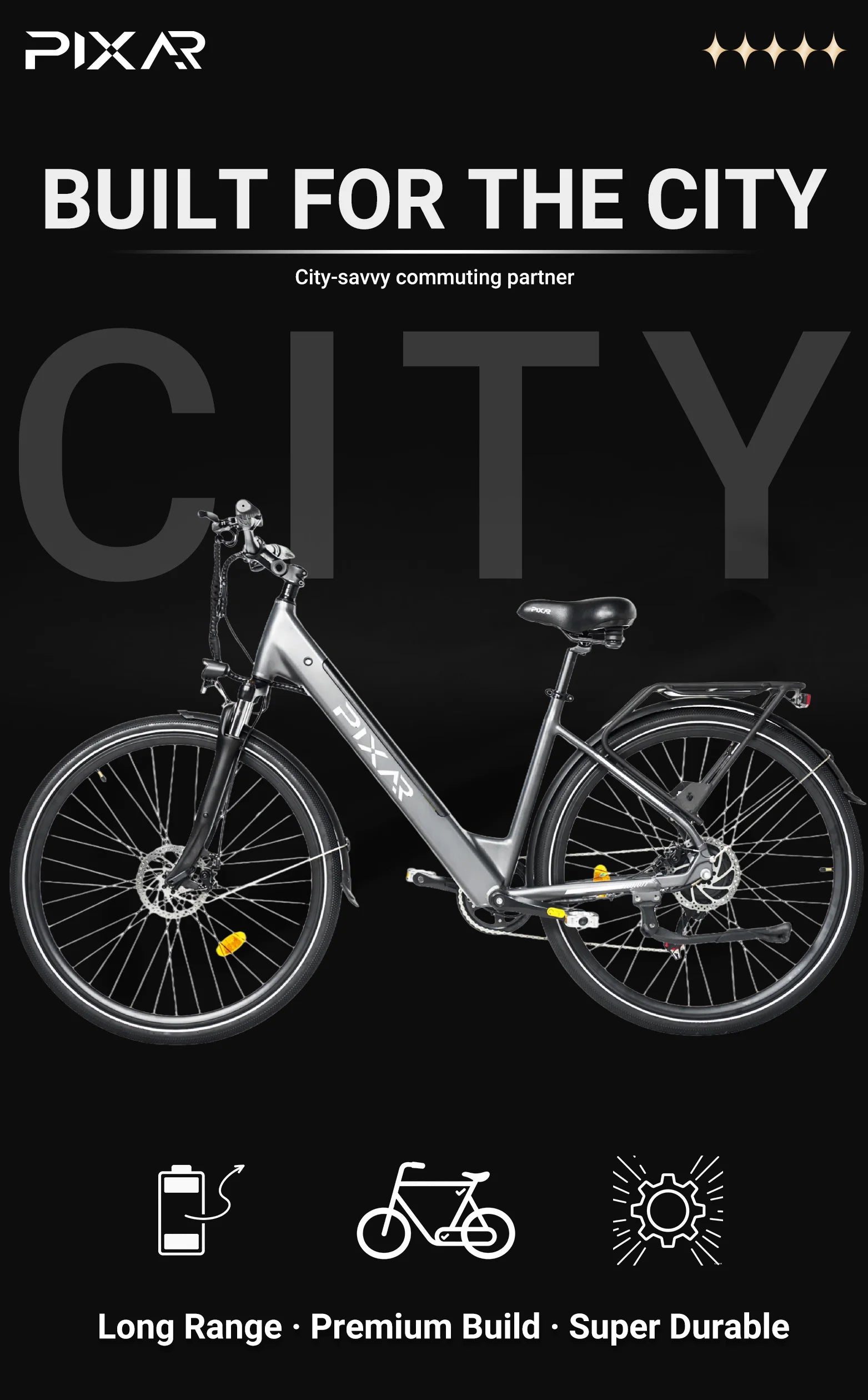 PIXAR C1 Electric City E-Bike electric bicycle on a white background Electric bike with text 'Built for the City' and 'City-savvy commuting partner' on a black background.