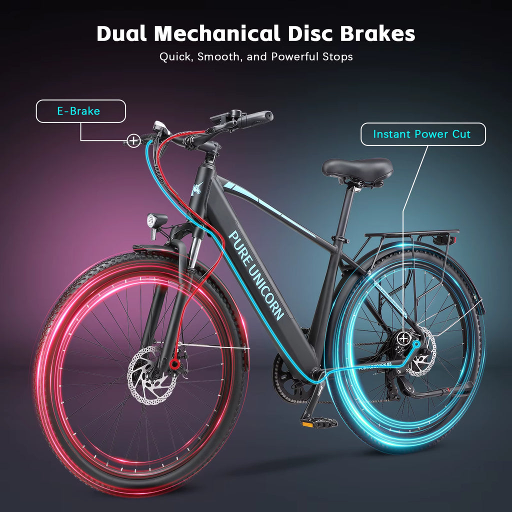 PURE UNICORN U3 Electric Bicycle with dual mechanical disc brakes on a dark background
