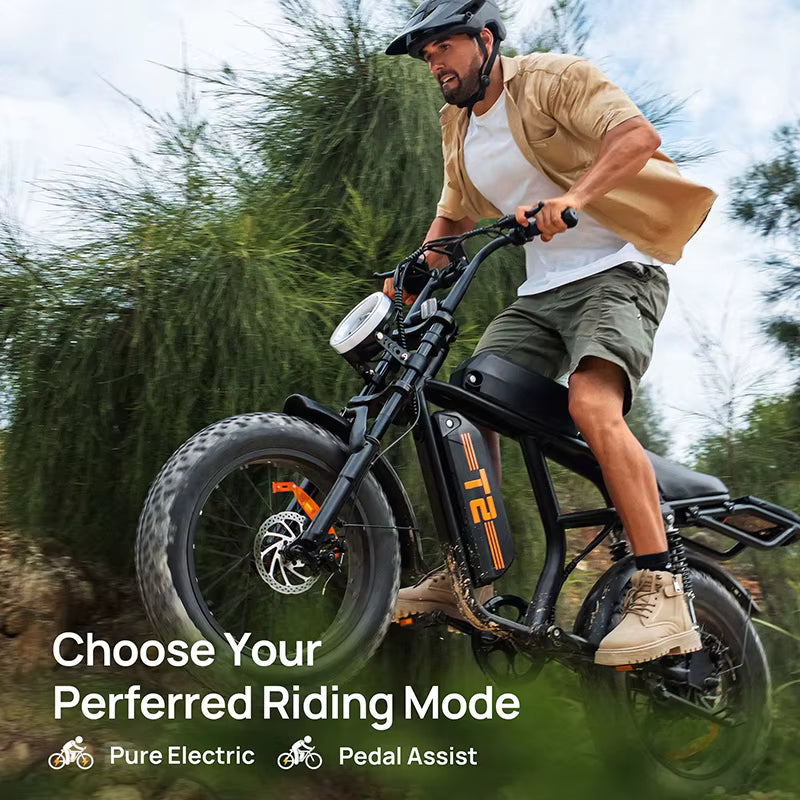 Man riding a black URLIFE T2 electric bike with text about riding modes on a natural background