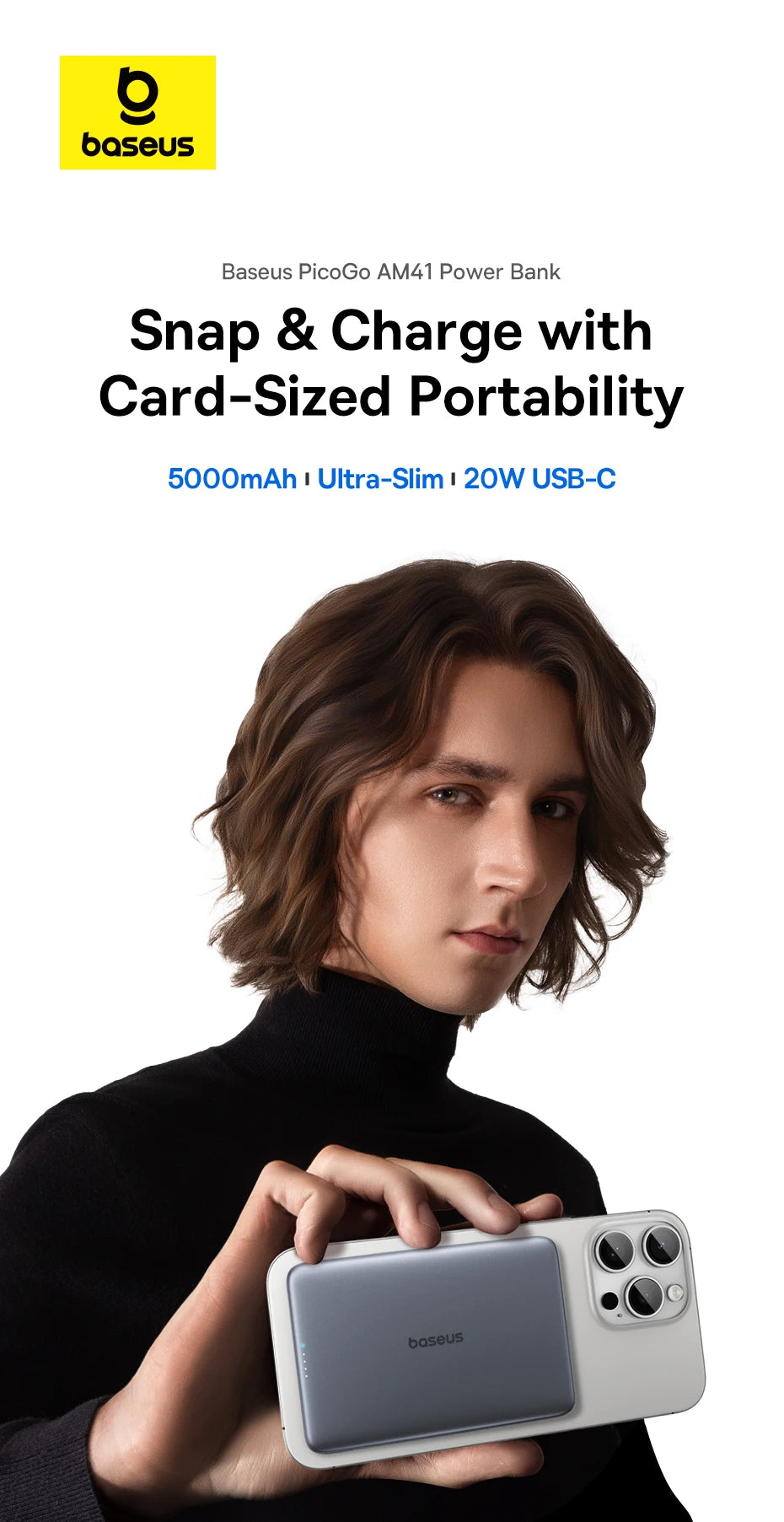 Person holding a smartphone with Baseus power bank advertisement on a white background
