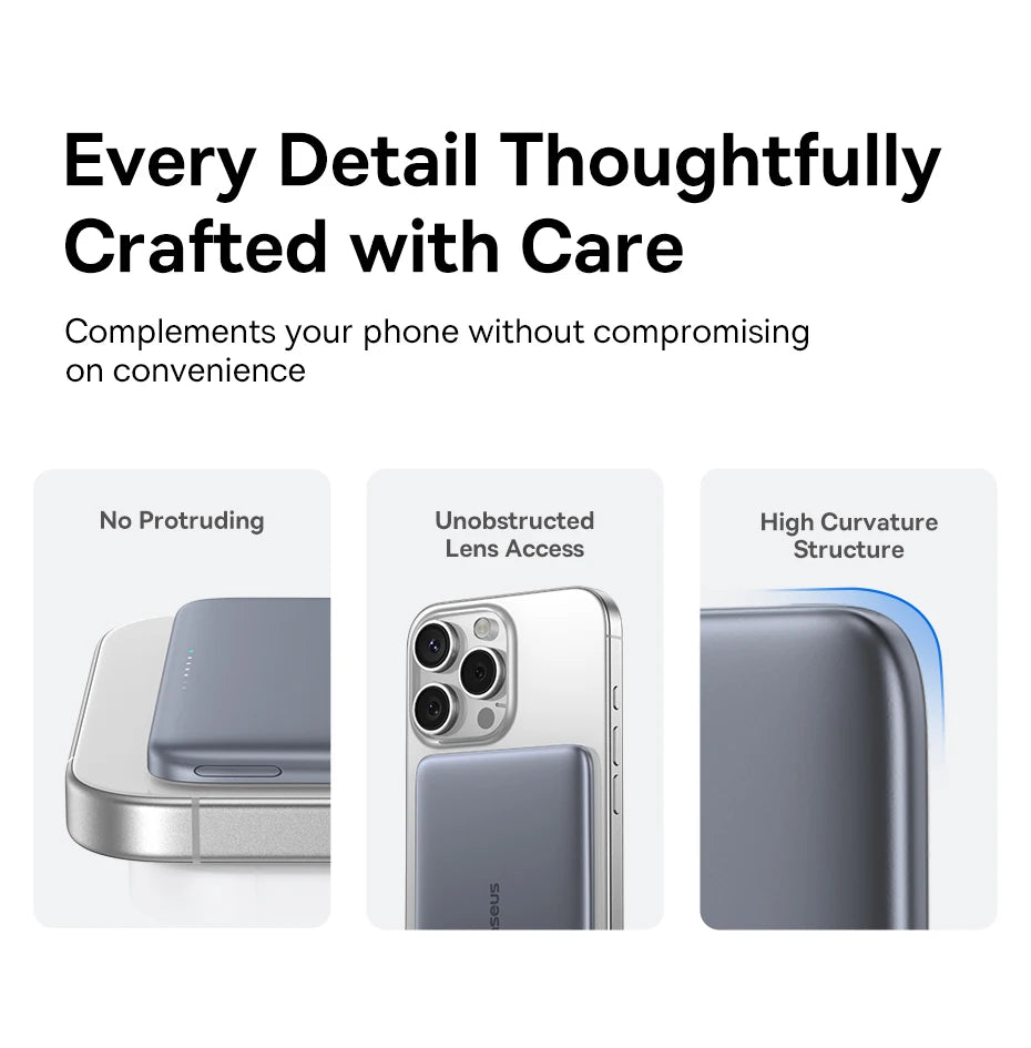 Baseus Thin Magnetic Wireless Power Bank 20W 5000mAh showcasing slim flush fit, unobstructed camera lens access, and high curvature ergonomic edges on smartphone.