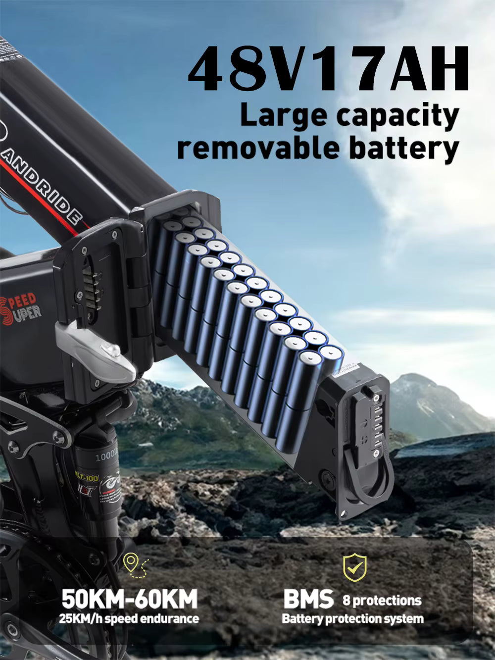 Large capacity removable battery pack with mountainous landscape in the background