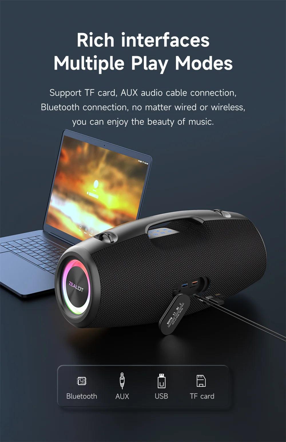 Portable Zealot portable bluetooth speaker with laptop on dark background, showcasing connectivity options.