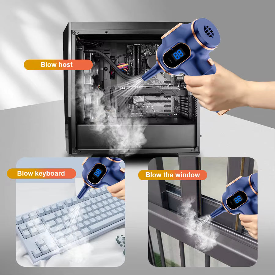 VARELO™ High-Power Blow Vacuum removing dust from computer tower unit, keyboard keys, and window tracks