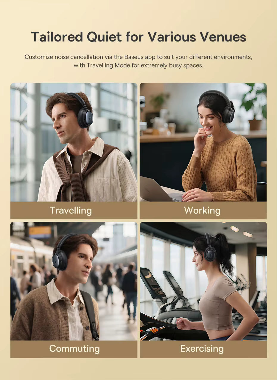 Four lifestyle scenes showing people wearing Baseus Bowie MH1 headphones in different environments — travelling, working, commuting, and exercising — with the heading “Tailored Quiet for Various Venues,” illustrating adaptive noise cancellation customization through the Baseus app for multiple daily scenarios.
