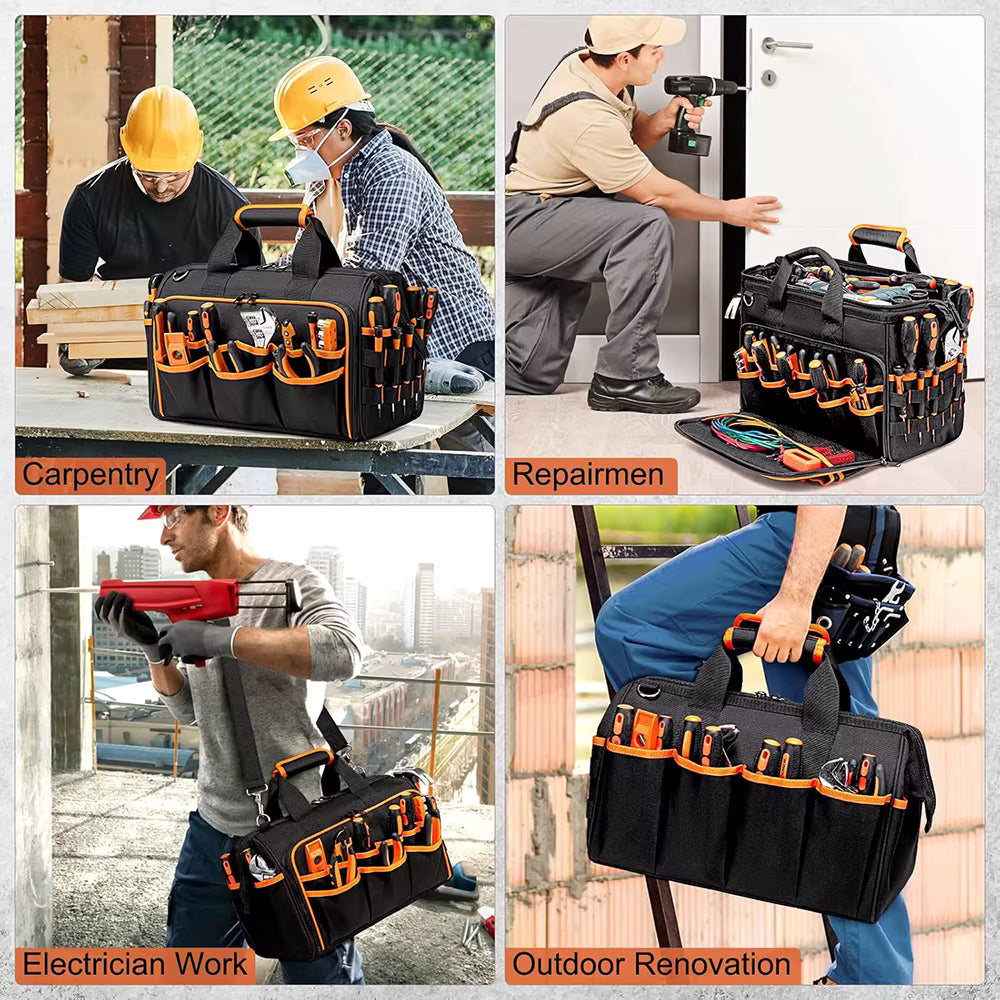 Tool Bag in Use by Tradesmen for Electrician Construction and Outdoor Repair Work