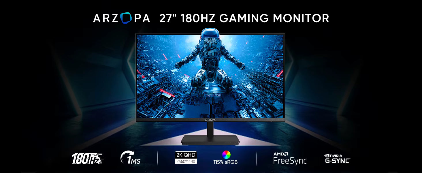 A 27-inch 180Hz gaming monitor branded ARZOPA, shown on a dark promotional background with futuristic sci-fi artwork on the screen. Text at the top reads 'ARZOPA 27" 180HZ GAMING MONITOR,' and feature badges along the bottom include 180Hz, 7ms, 2K GHD, 115% 16RB, AMD FreeSync, and NVIDIA G-SYNC.