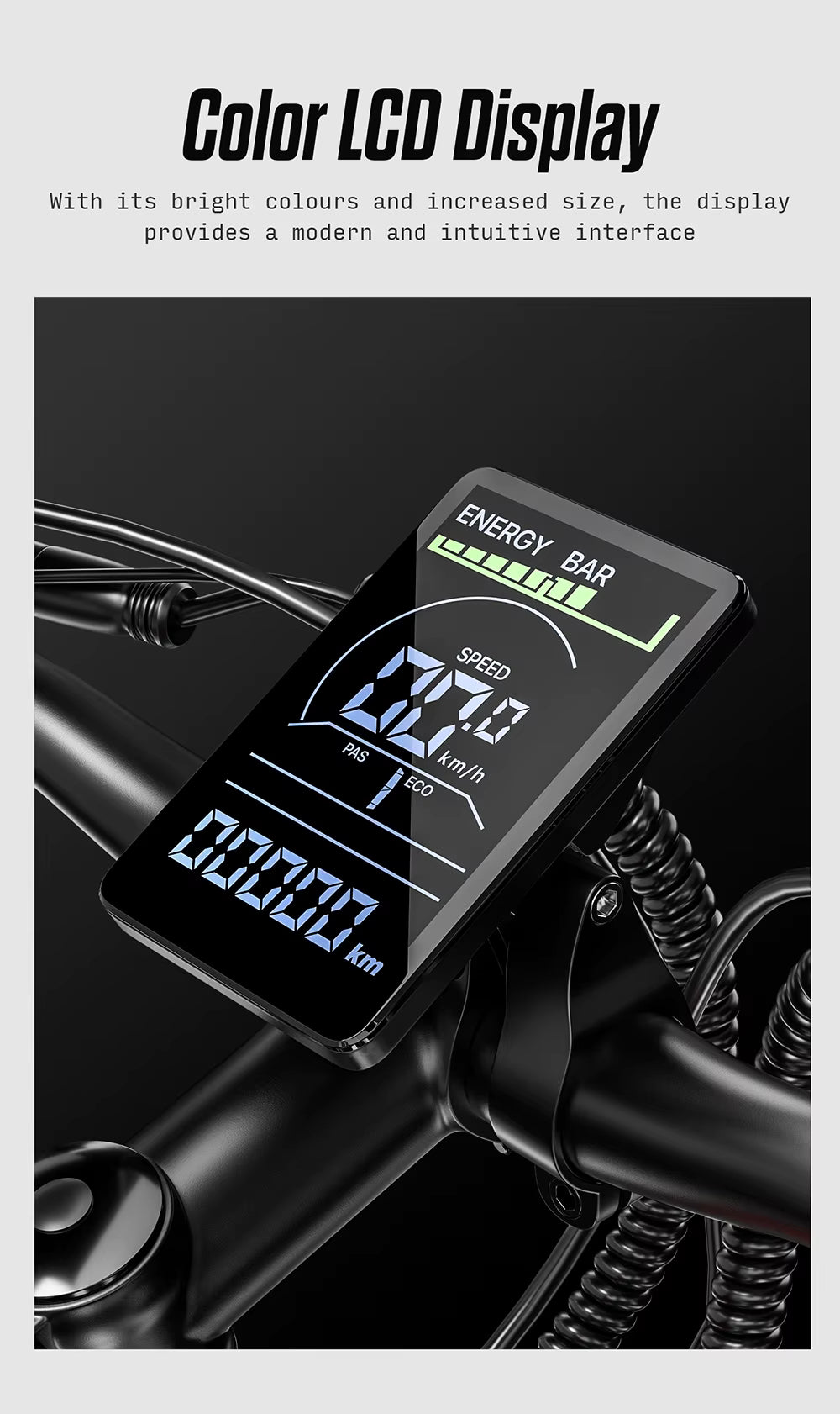 Digital speedometer with color LCD display on a motorcycle, showing speed, energy bar, and other metrics.